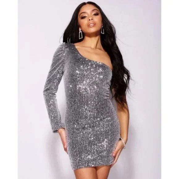 Silver Sequins Long Sleeve One Shoulder Bodycon Mini Dress - Picture 14 of 15